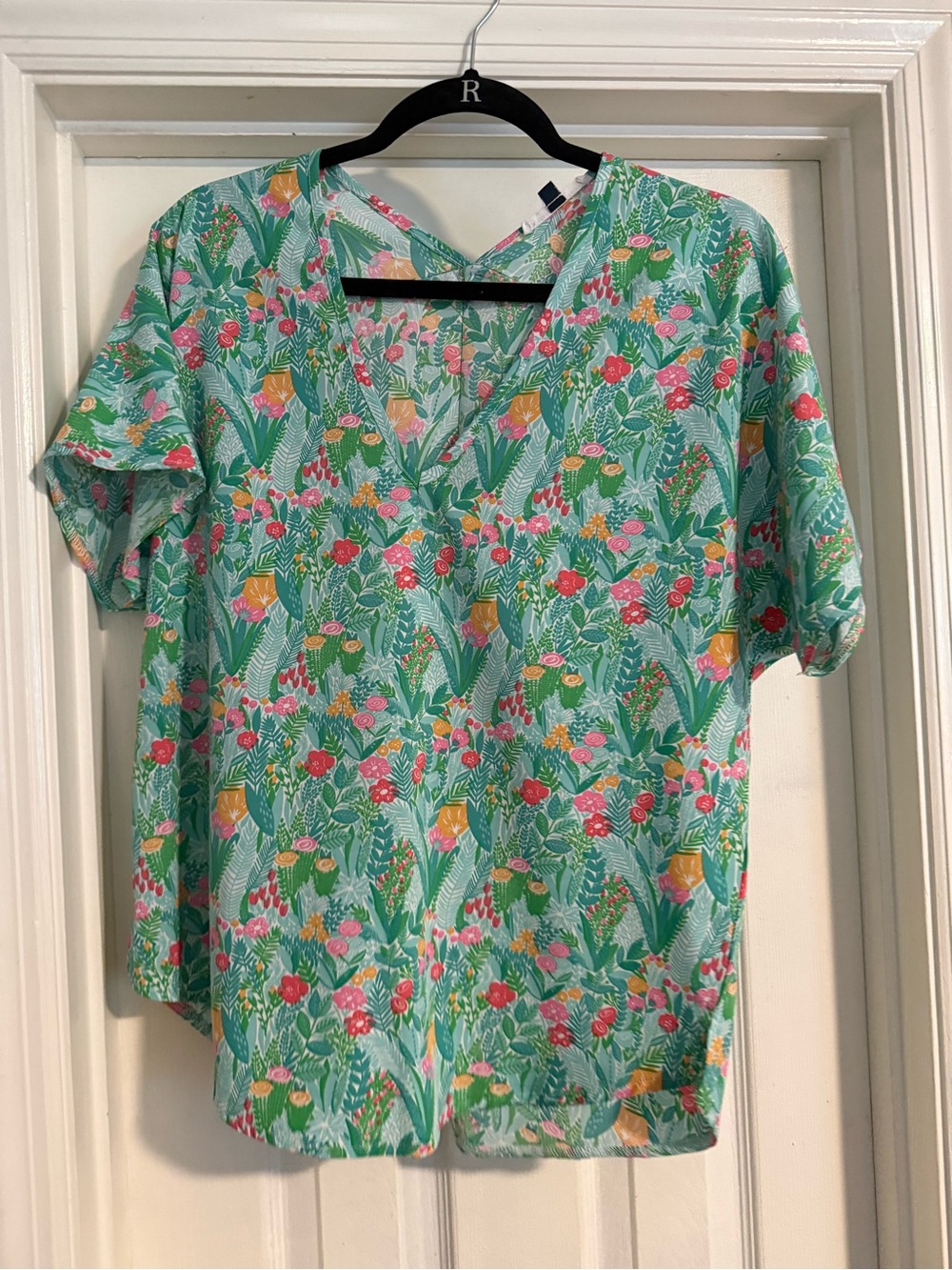 Tropical Aqua Floral V-Neck Blouse
